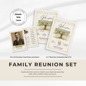 Family Reunion Invitation & Ancestor Trading Cards Canva Template Bundle