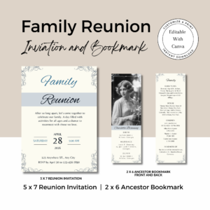 Family Reunion Invitation & Ancestor Bookmark Canva Template Set