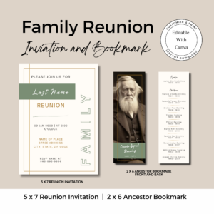 Family Reunion Invitation & Ancestor Bookmark Canva Template Bundle